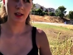 Sexy European teen drops her clothes and masturbates outside