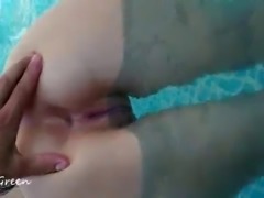 Blowjob and Sex in Pool, Double Cumshot - Amateur outdoor Homemade Teen Kira...