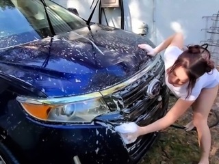 Amateur brunette milf washing the car in her tight panties