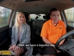 Fake Driving School Blonde Marilyn Sugar in Black Stockings Sex in Car