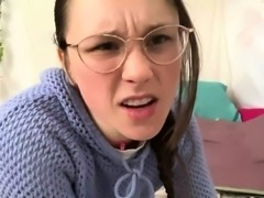 Nerdy amateur babe with small tits fingers her aching cunt
