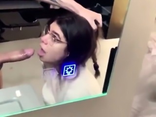 Nerdy brunette teen gets a big cock shoved down her throat