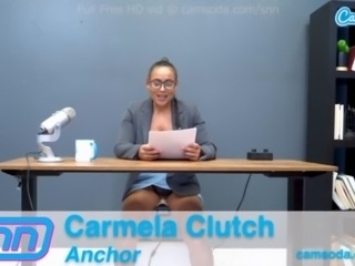 Camsoda News Network Reporter reads out news as she rides the sybian