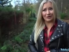 Chubby blonde shows her boobs in public and gets fucked through a hole on pantyhose