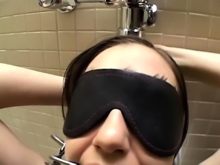 Submissive brunette worships POV cock in public toilet