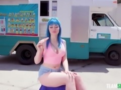 Busty curvy babe Jewelz Blu swallows dick of ice-cream seller