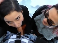 Outdoor Threesome in the Snow - Two hot girls warm Cock