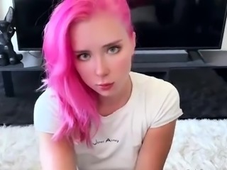 Pink haired cutie sucks cock before deep doggystyle drilling