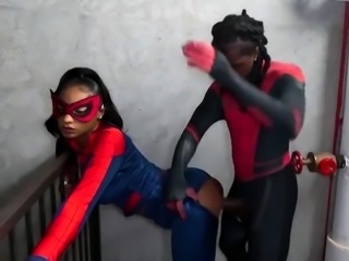 Black couple in costume fulfill hardcore sex fantasy