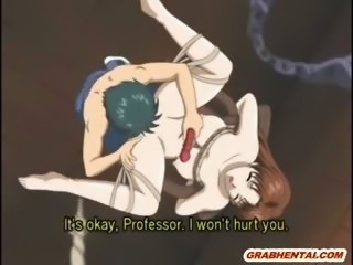 Chained anime brunette gets dildoed pussy and hot sucking stiff dick