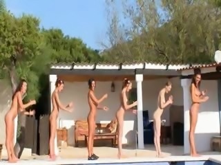 Six naked chicks by the pool from Russia