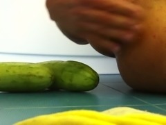 guy masturbating with vegetables and cums on herself 