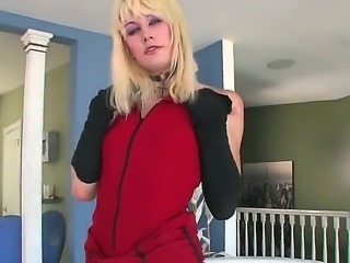 Horny and tall shemale blonde Bee Armitage gets naked in front of the camera and shows off her body jerking hot cock. She has small tits and beautiful asshole.