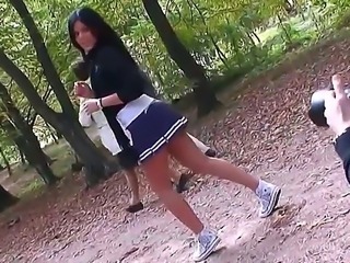 Beautiful schoolgirl Madison Parke, walking in the park meets two handsome guys and decide to go to their party. She undressed in front of their camera and sucked their cocks!