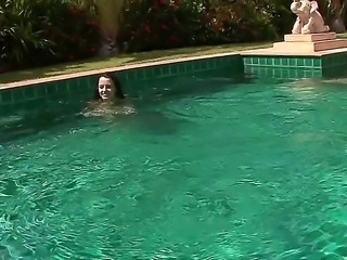 Sweet teen Nickel enjoys a wonderful solo masturbating session arround the pool