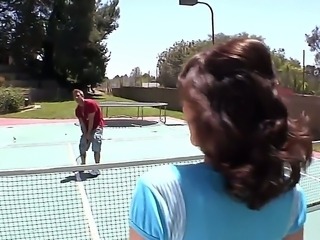 Sexy Katie Angel starts to suck her coachs dick right on the tennis court
