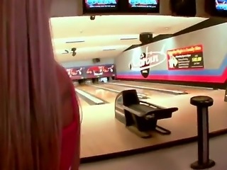 The sympathetic and attractive blonde pornstar Jessica Moore plays bowling...