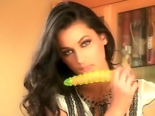 Georgia Jones - hot brunette with fucking curly hair is playing with her fucking huge yellow rubber dick, she puts her toy in all of her fucking toys!