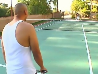 Erotic cute Sadie West giving horny stud a blow job after a game of tennis