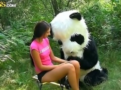 Alluring brunette hoochie Molly is getting fucked by someone in panda costume