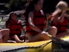 Bunch of sexy babes get naked to sail in the river