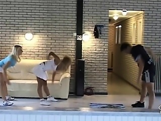 Horny blonde babes fuck them fitness instructor