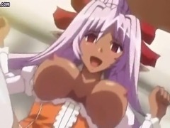 Busty anime chick riding huge phallus