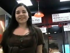 Brunette teen sweetie dares to show her tits in public