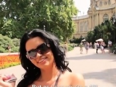 Two big tits Eurobabes horny threesome in public for money