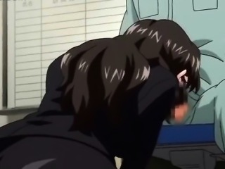 Anime stunner in glasses giving blowjob in knees