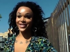 Ebony glamour tranny jerks pierced cock