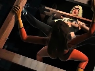 3D lesbian babe getting fucked with a strap on
