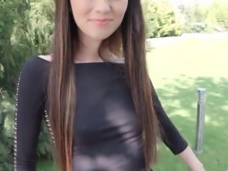 Skinny beauty sensitive asshole fingering in public