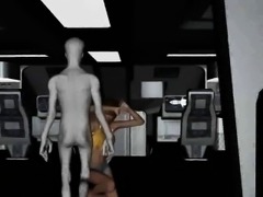 3D brunette babe sucking on an alien\'s hard cock