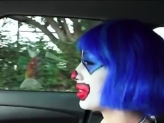 Clown babe Mikayla hitch hikes and she gets pounded on grass