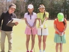 Golf whore gets teased and creamed by two guys