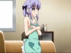 Shy hentai doll in apron jumping craving dick in bed