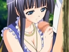 Sweet anime school girl blowing shaft in close-up