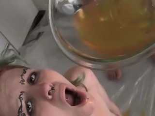 Teen dirty lesbo drinks and spits urine