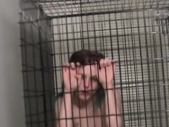 Naked caged piss slave getting spanked