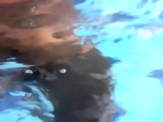 Ebony Latina tranny takes a dip in the pool and masturbates