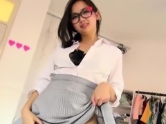 Nerdy looking asian schoolgirl in pantyhose