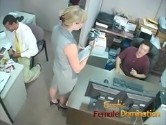Bossy blonde office bitch dominates and humiliates workers