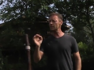 Obedient milf roughly fucked by two males with giant cocks