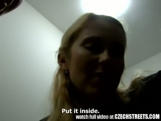 Nasty Czech slut gets her cunt fucked hard by strange dude in public toilet