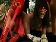 Two masked Japanese nymphos getting drilled deep and hard f