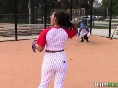 Bodacious baseball brunette finds pleasure and comfort in a long pole