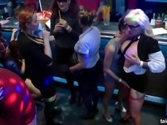 Damsel with nice ass in high heels enjoying pussy licking in club group sex