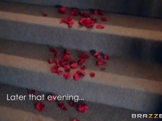 Alektra Blue planned a surprise for her husband on wedding anniversary. She decorated steps with rose flowers and when her husband entered the bedroom, she welcomed him in skimpy dress, unzipped his pants, and offered him deepthroat blowjob. She became naked in a second and ordered him to fuck her.