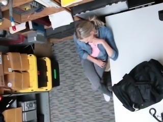 Blonde gets fucked doggystyle on desk after shoplifting